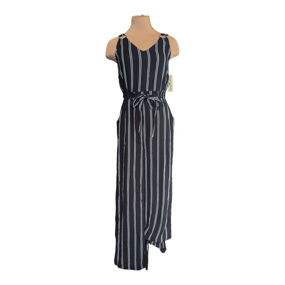 Derek Heart Black White Stripe Jumpsuit Silver Ring Wide Leg Juniors Size Small